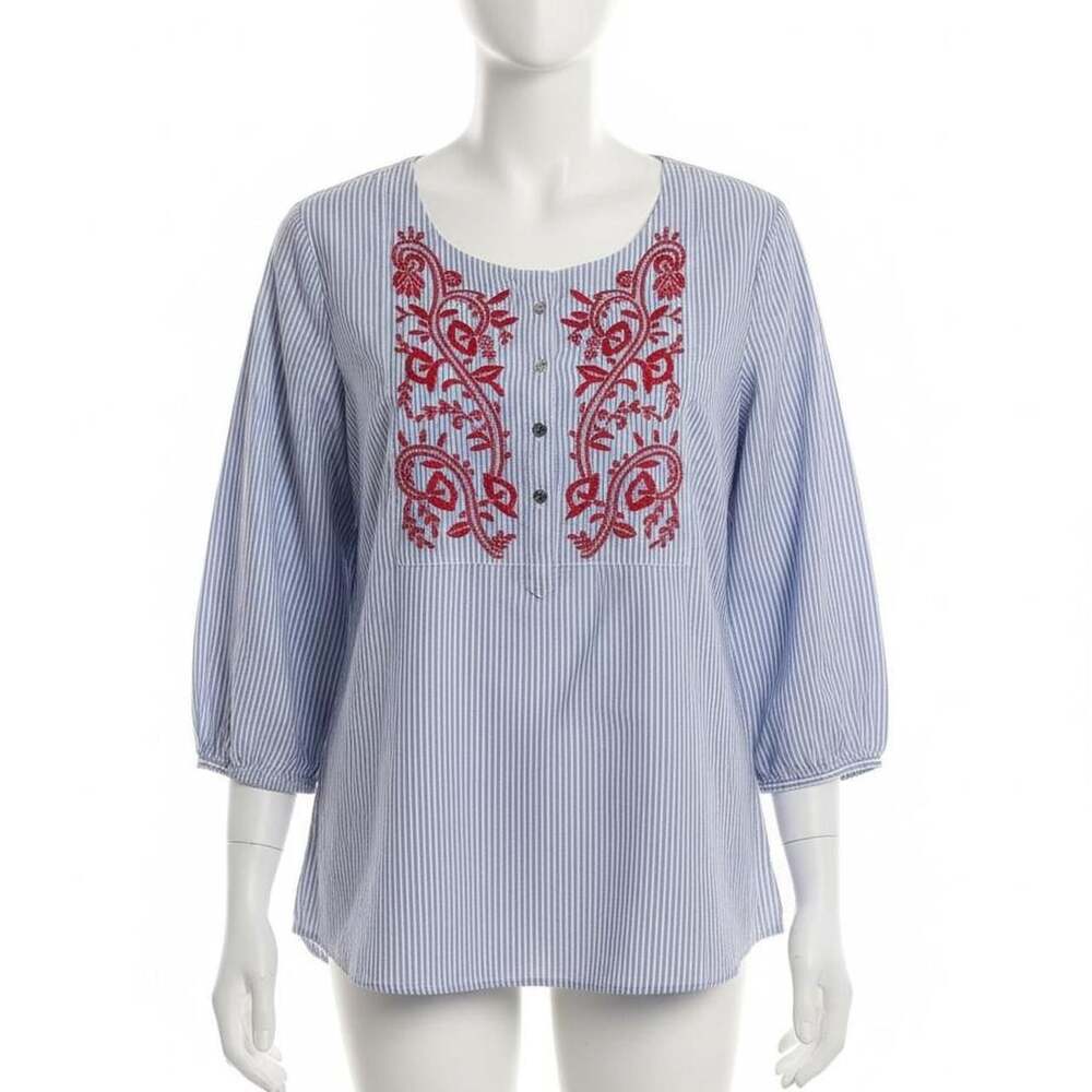 Talbots Blue Striped Embroidered Boho Blouse, Women's Size L